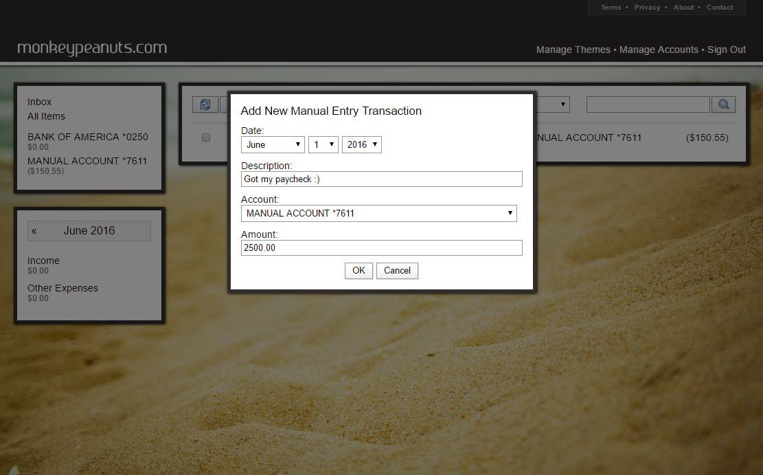 MonkeyPeanuts.com now supports manual entry accounts .. No bank...