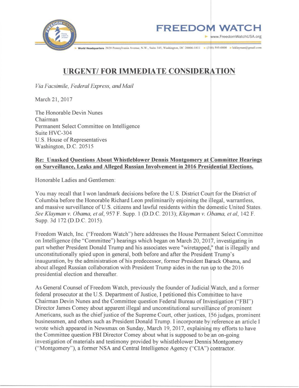 Devin Nunes received this letter yesterday .. Today he...
