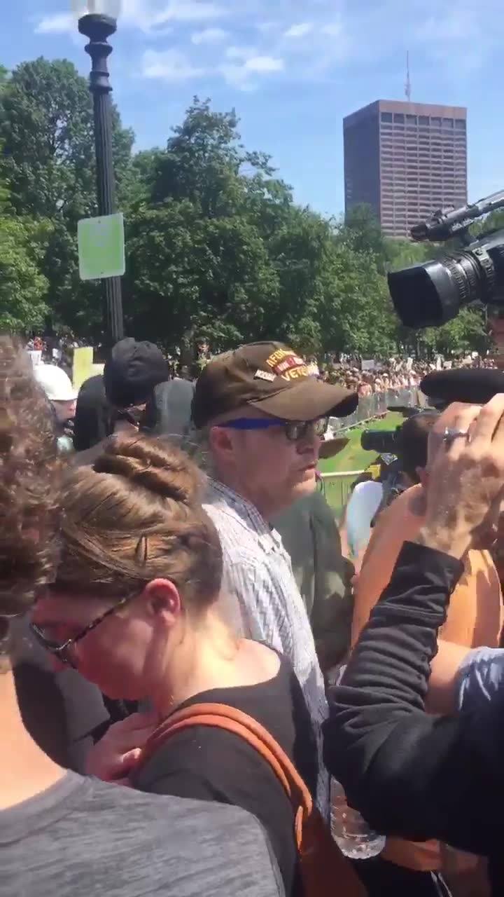 "Peaceful" left wing "anti-fascist" protesters harassing a Veteran 