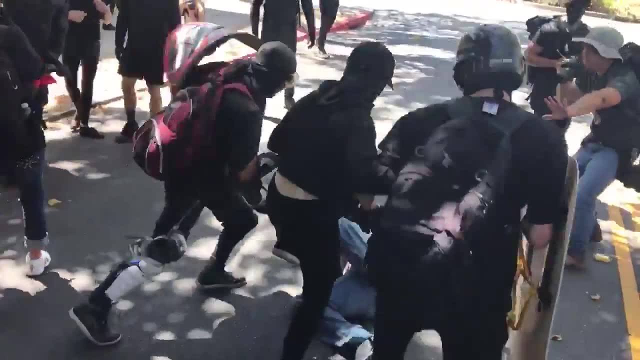 "Moderate" left wing protesters beat "extremist" right wing protester...