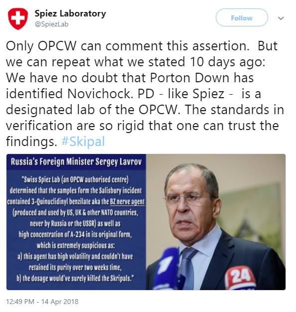 Lavrov claims Spiez Lab in Switzerland, an OPCW lab...