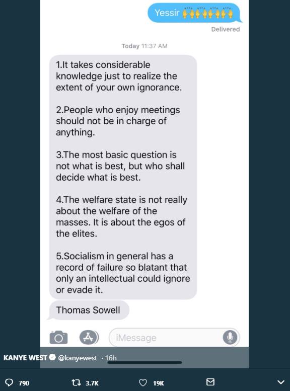Kanye is tweeting out Thomas Sowell