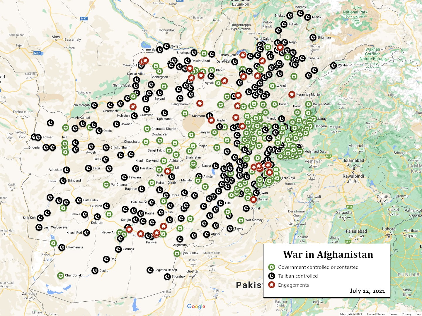War in Afghanistan map for July 12, 2021