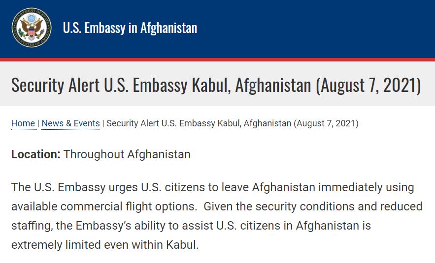 U.S. embassy urges U.S. citizens to leave Afghanistan immediately