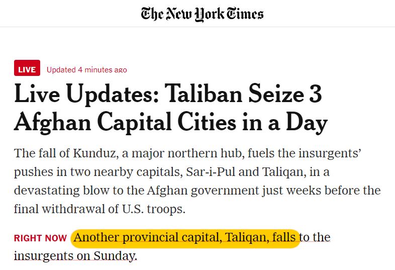 Taliban captured Taloqan, Takhar, the fifth provincial capital to...