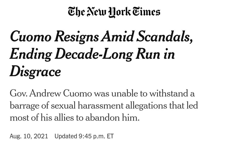 New York Governor Cuomo resigned