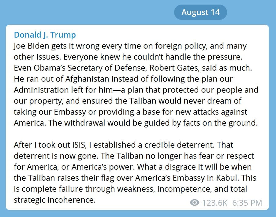 Trump statement on Biden's Afghanistan withdrawal