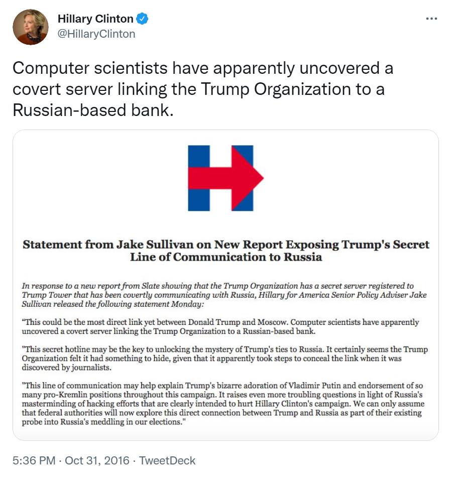 Hillary knew the Trump-Russia covert server didn't exist because...