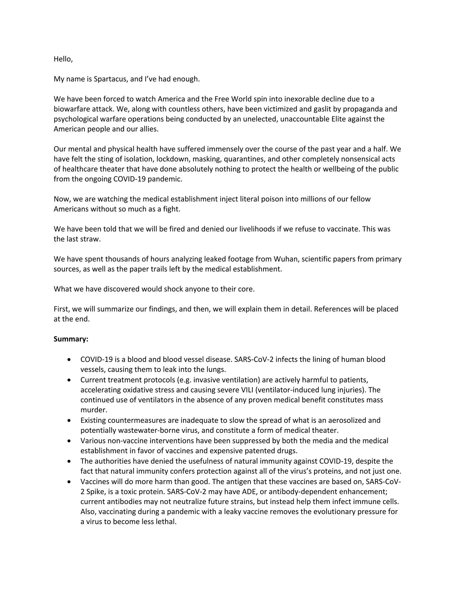 COVID-19: The Spartacus Letter