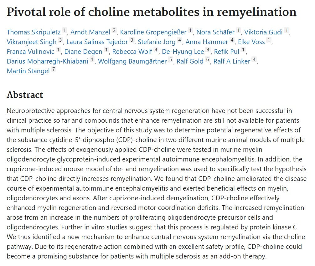 Choline metabolites in remyelination