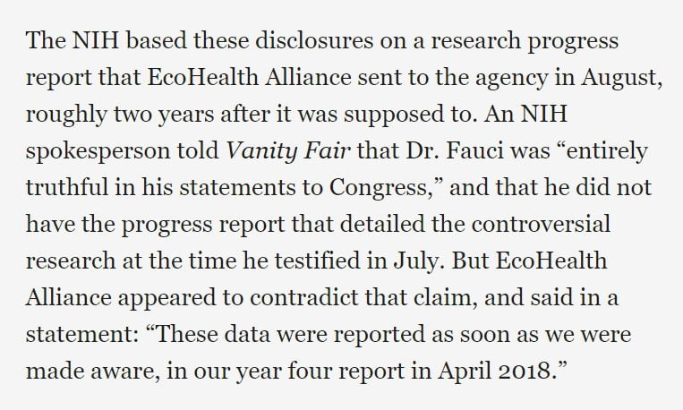 EcoHealth Alliance denies the NIH claim that Fauci didn't...