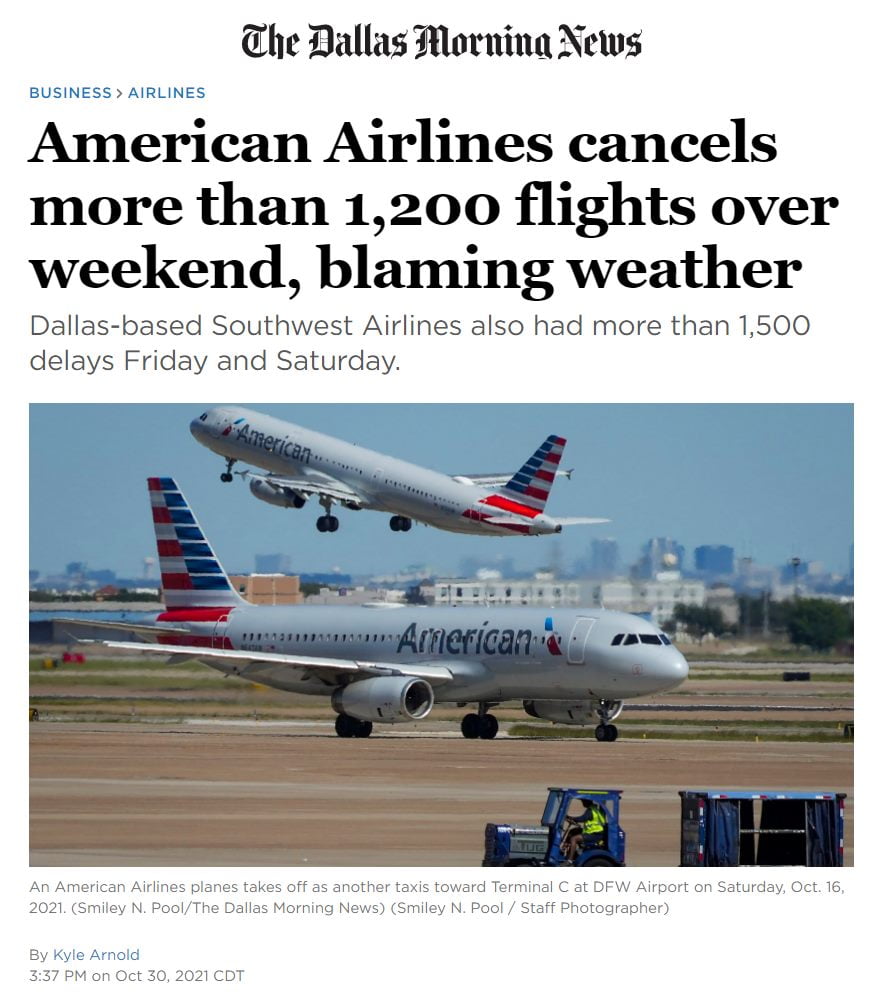 American Airlines cancelled 1,200 flights, blamed weather. Weather is...