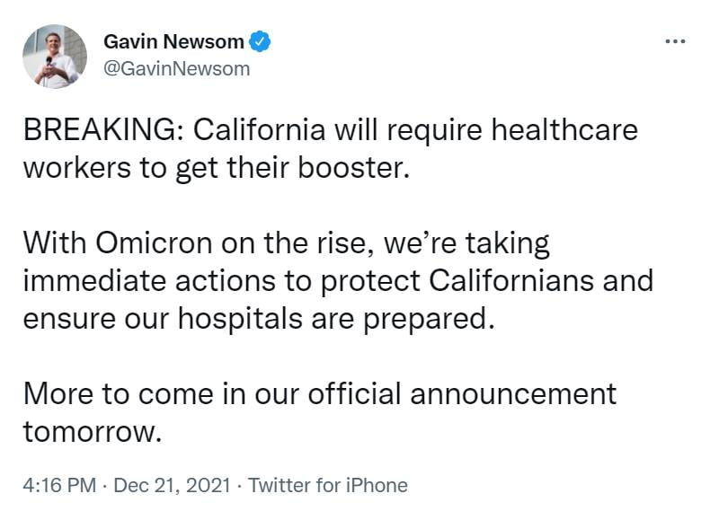 Gavin Newsom is mandating all healthcare workers get boosted