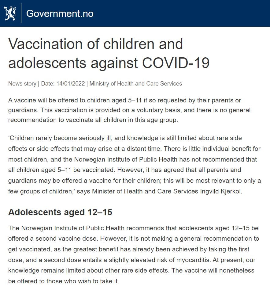 Norway not recommending COVID vaccines for 5-11 and second...