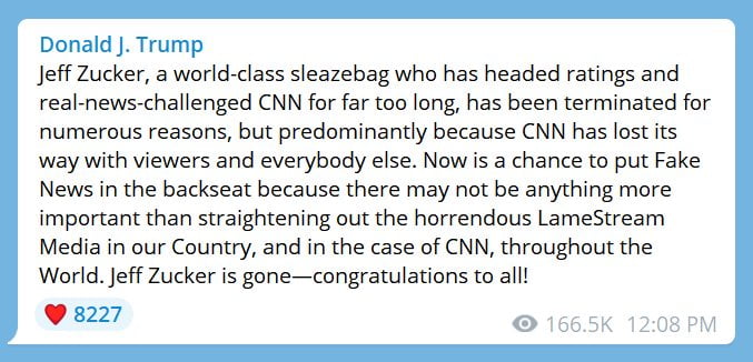 Trump statement on CNN president Jeff Zucker resigning