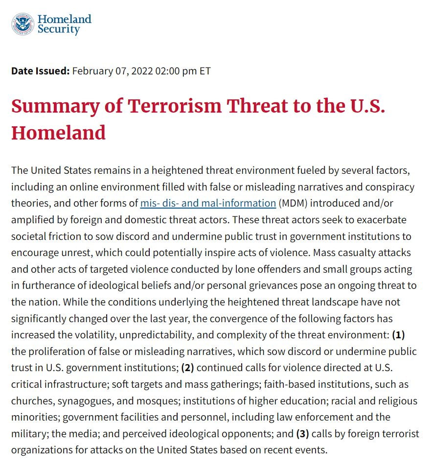 Biden DHS issued a National Terrorism Advisory System Bulletin...