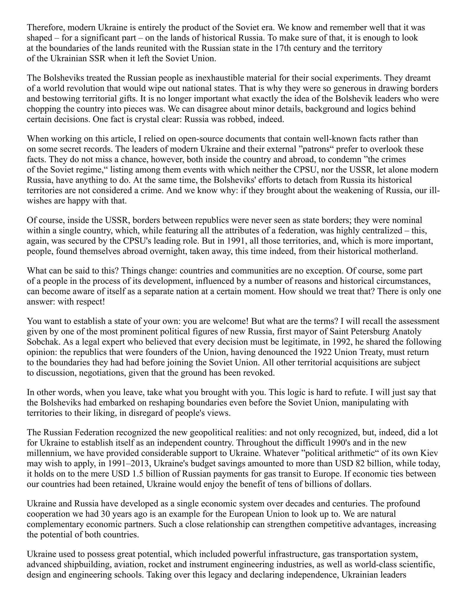 Russian President Vladimir Putin, ”On the Historical Unity of...