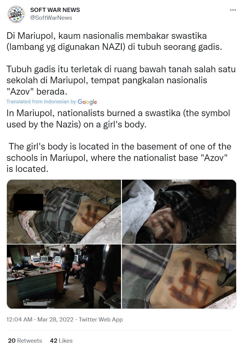 A tortured woman's body with a blood swastika on...