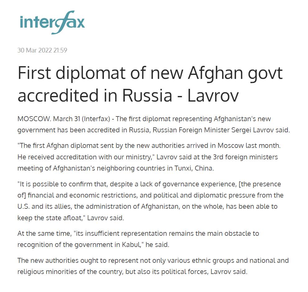 Russia accredits first diplomat of new Afghan government