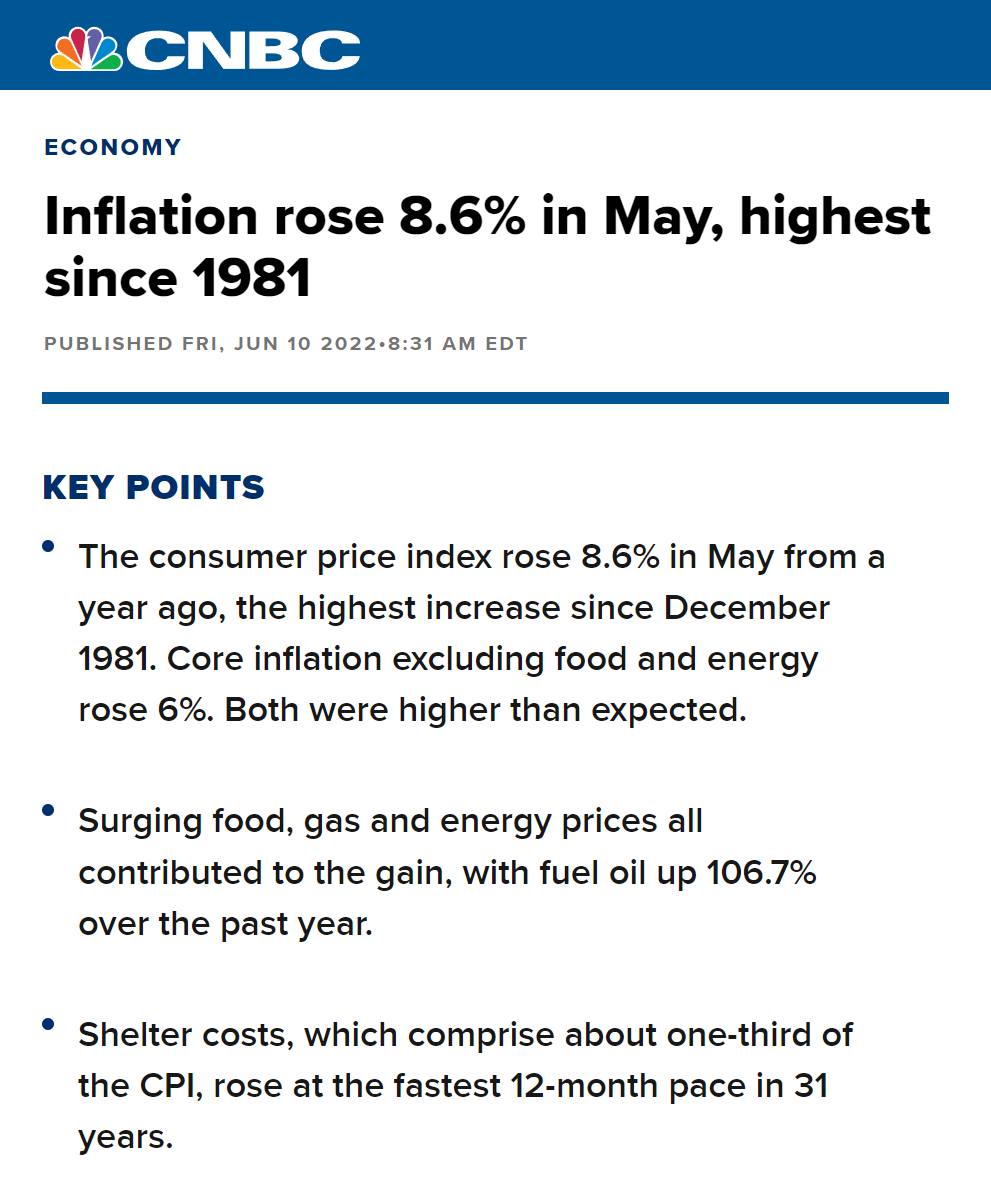 Inflation now 8.6%, highest since 1981
