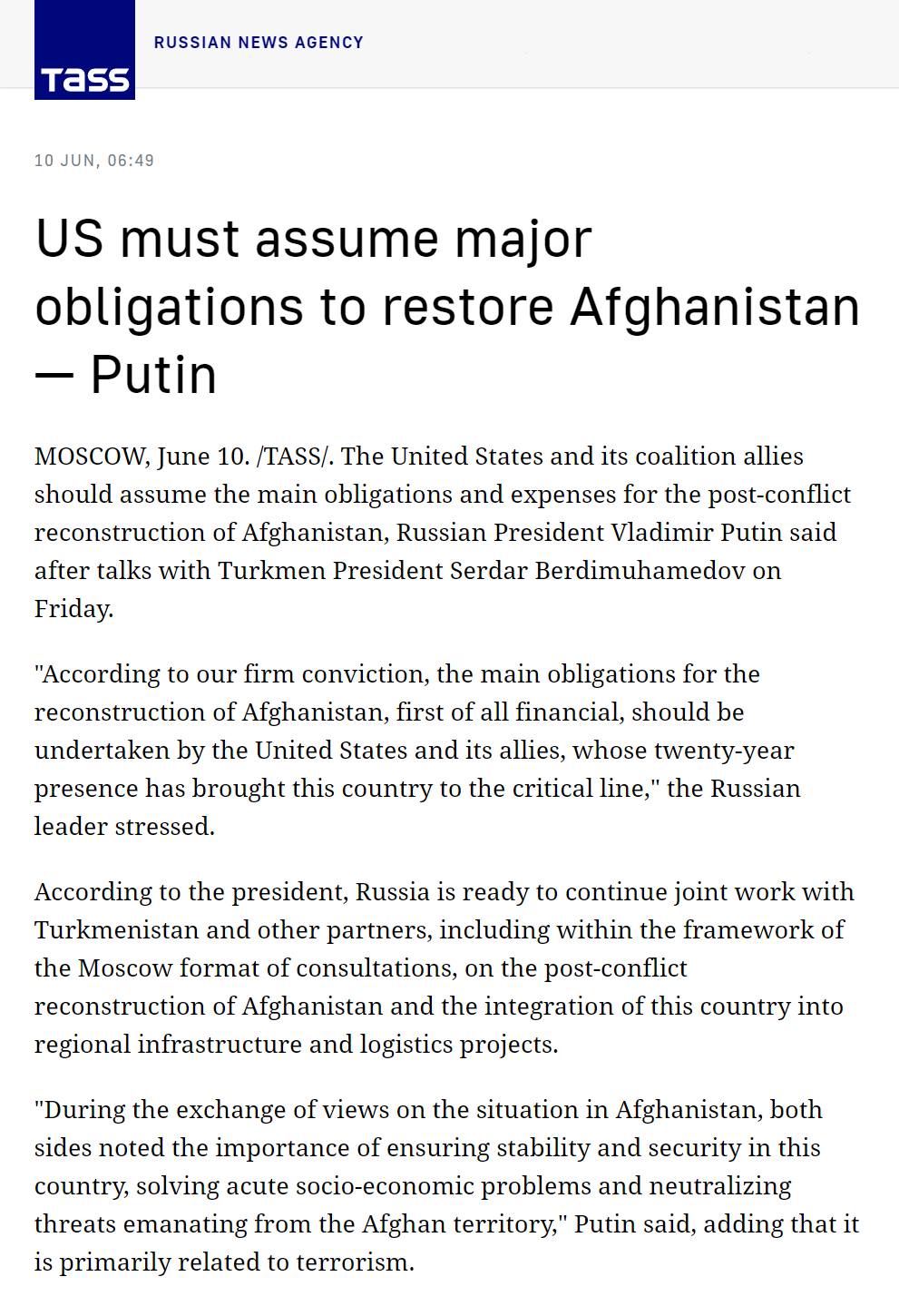 Russia ready to continue reconstruction of Afghanistan, Putin says...