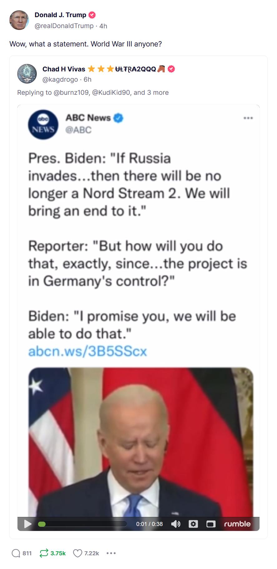 Trump statement on Biden promising to end Nord Stream...