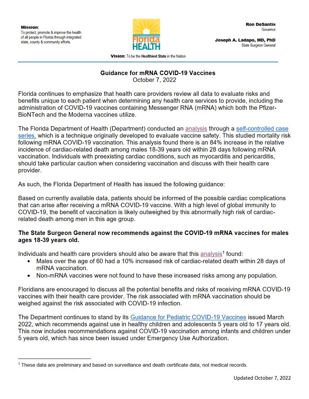 Florida recommends against COVID-19 mRNA vaccination for males ages...