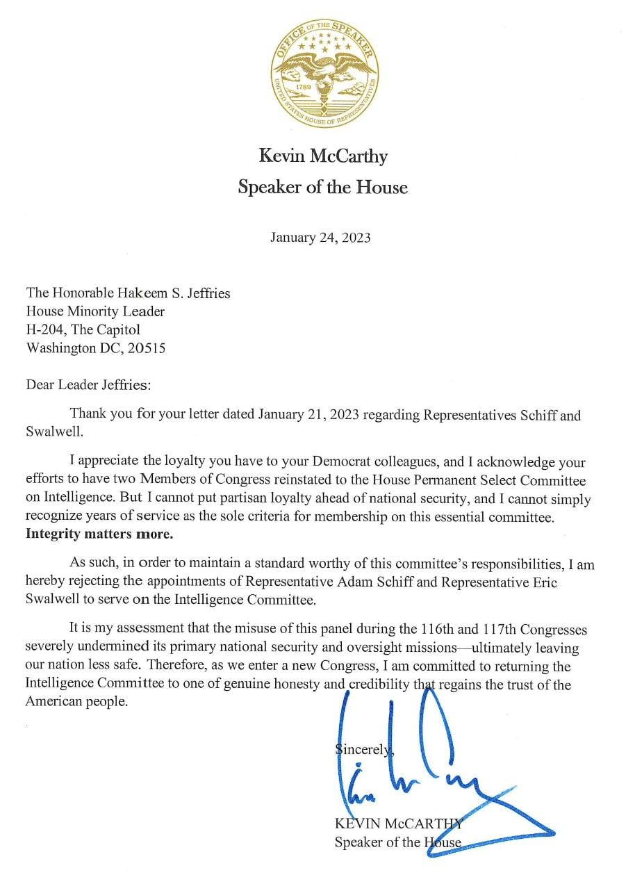 Kevin McCarthy removed Adam Schiff from the Intel Committee