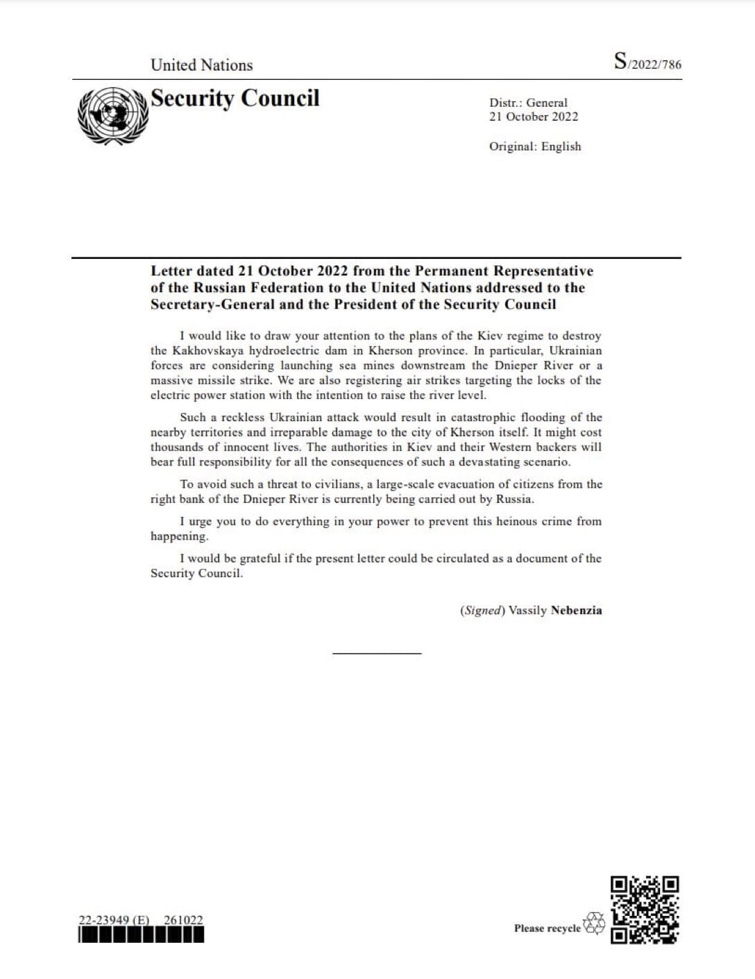 Russian letter to the UN Security Council, dated October...