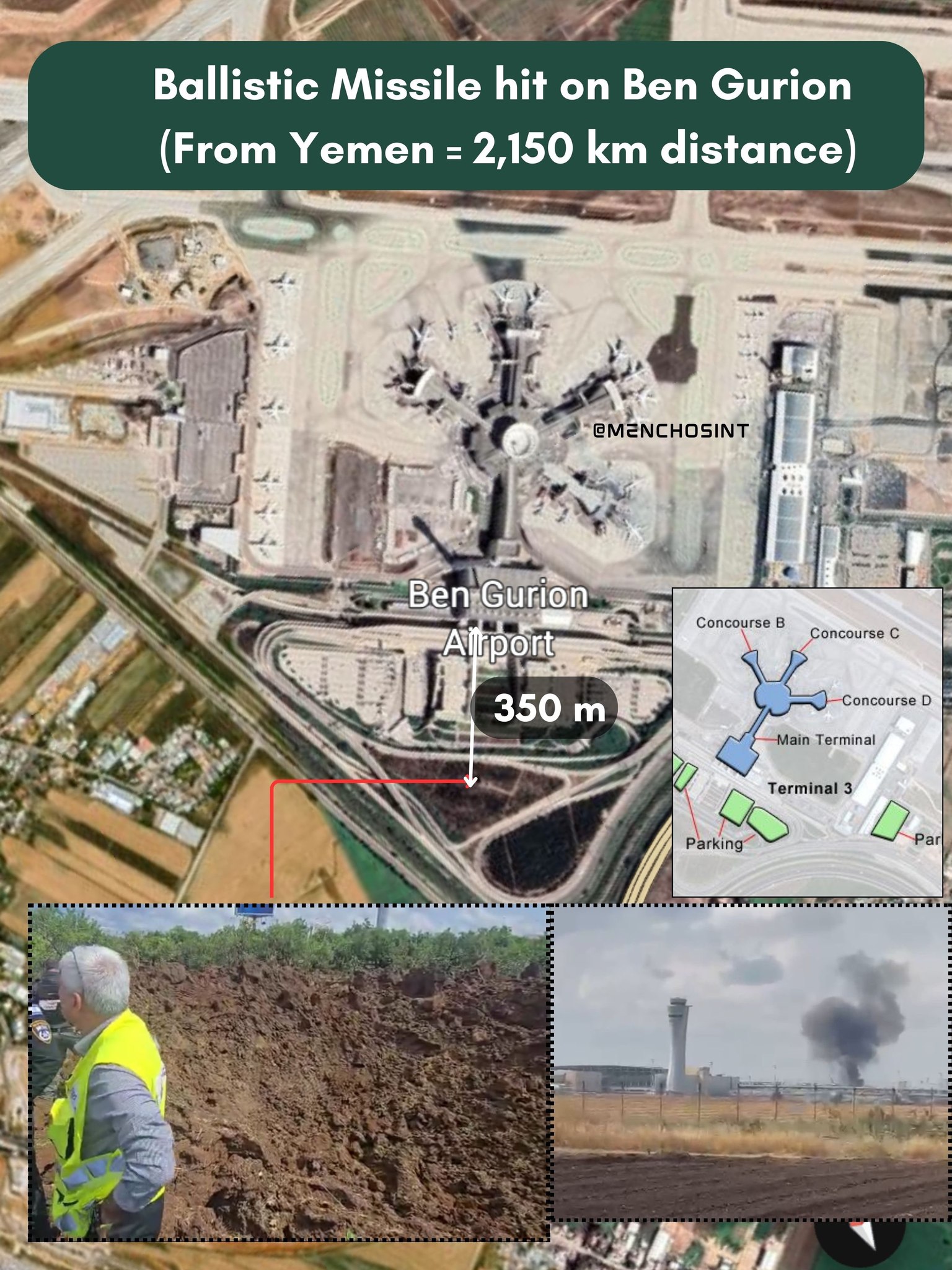 Yemeni missile struck 350m from Ben Guion airport