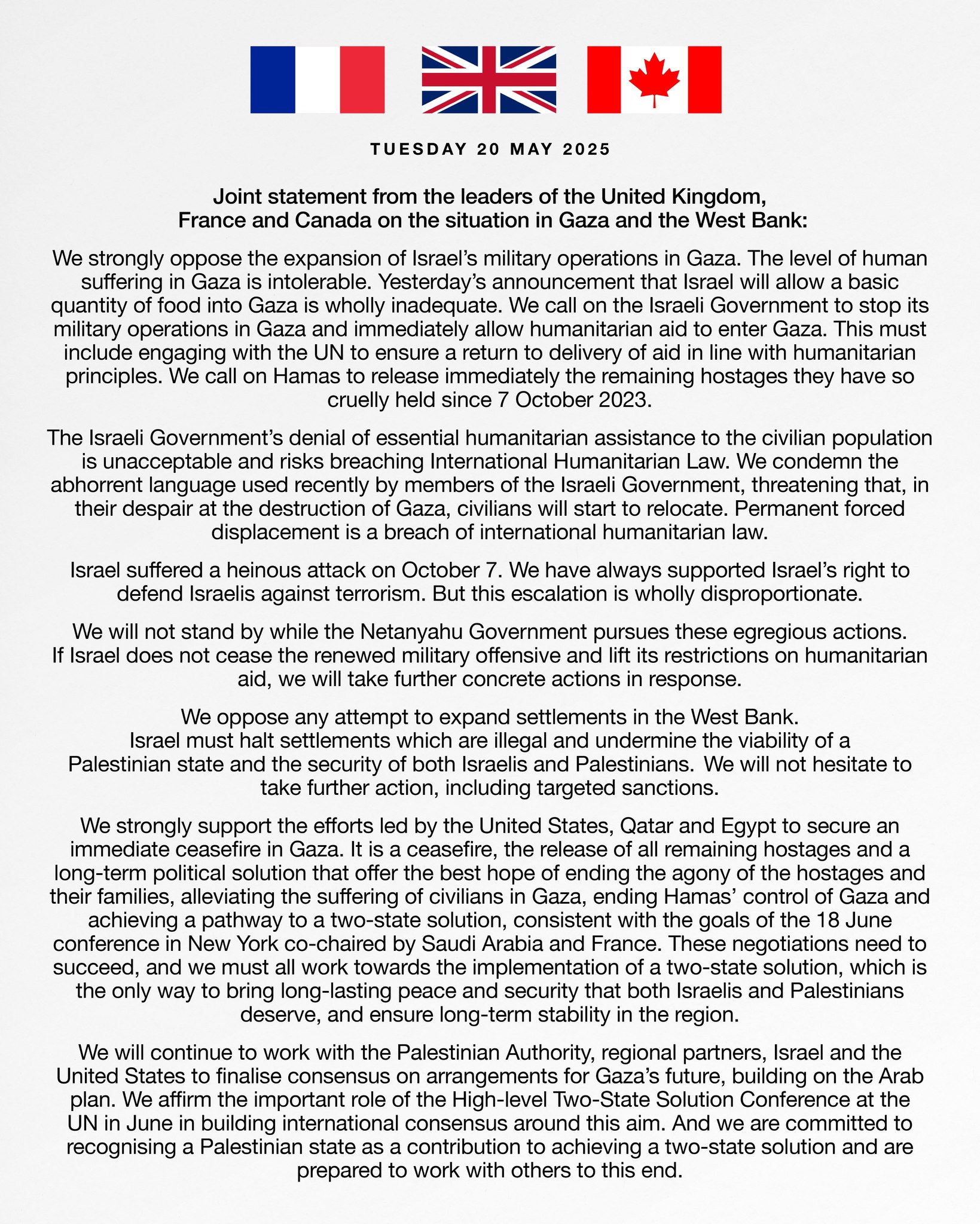 Joint statement from the United Kingdom, France, and Canada...