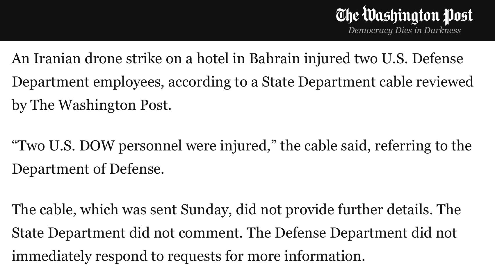 Iranian drone strike on a hotel in Bahrain targeted...