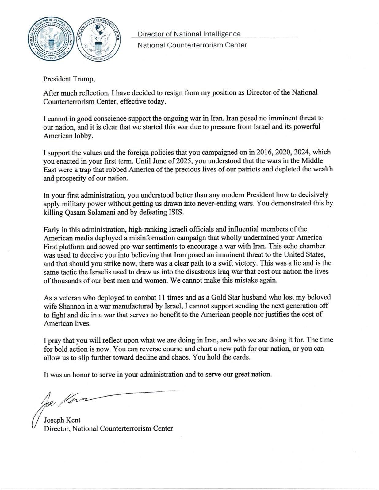 Joe Kent resignation letter